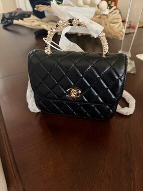 Quilted Black Mini Top-Handle Bag with Jeweled Handle
